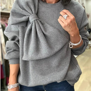 Bow Casual Crew Neck Plain Sweatshirt, JustFashionNow Sweatshirts & Hoodies, color:Gray|size:XL,