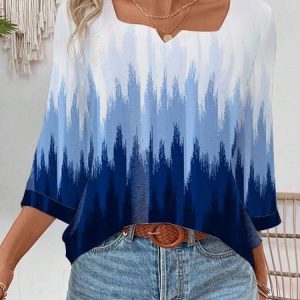 Women's Three Quarter Sleeve Tee T-shirt Spring/Fall Color Block Printing Cotton Notched Daily Going Out Vintage Top Blue, JustFashionNow T-Shirts, color:Blue|size:XXL,
