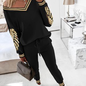 2PCS Striped Sequin Wings Pattern Skew Neck Top & Cuffed Pants Set, Two-piece Sets, ChicMe catalog