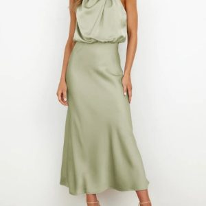 Women's Sleeveless Summer Plain Ruched Dress Turtleneck Date Going Out Urban Midi X-Line, JustFashionNow Dresses, color:Green|size:3XL,