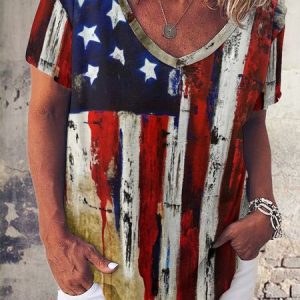 American Flag Print V Neck Casual Short Sleeve T-Shirt, T-shirts, Lilicloth.com