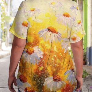 Casual Daisy Print V-Neck Short Sleeve T-Shirt, T-shirts, Lilicloth.com