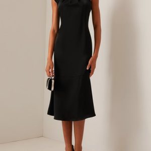 Women's Sleeveless Summer Plain Knot Front Dress Cold Shoulder Date Going Out Urban Midi H-Line, JustFashionNow Dresses, color:Black|size:3XL,
