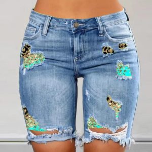 Contrast Leopard Print Ripped Patchwork Raw Hem Denim Shorts, women Denim Shorts, ChicMe catalog