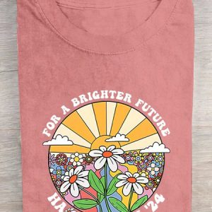 Retro For Brighter Future Sun And Daisy Print Cotton T-shirt, T-shirts, Lilicloth.com