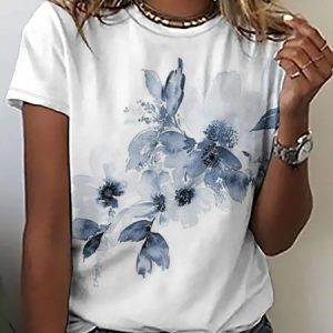 Casual Simple Floral Print Short Sleeve Crew Neck T-Shirt, T-shirts, Lilicloth.com