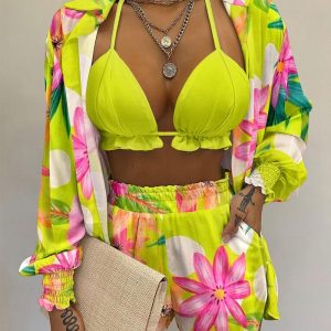 3PCS Lantern Sleeve Shirt & Floral Print Shorts Set With Crop Top, Two-piece Sets, ChicMe catalog