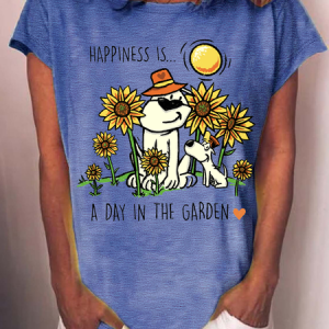 Happiness Is A Day In The Garden Cotton-Blend Loose Casual T-Shirt, T-shirts, Lilicloth.com
