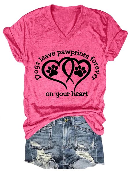Women Funny Dogs Leave Paw prints Forever On Your Heart Simple V Neck Cotton-Blend T-Shirt, T-shirts, Lilicloth.com