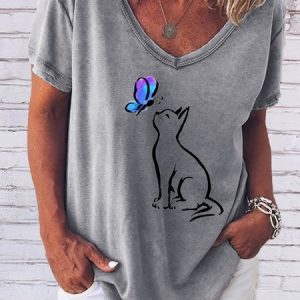 Butterfly Cat Print V-Neck Short Sleeve T-Shirt, T-shirts, Lilicloth.com