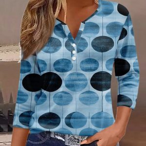 Casual Floral V Neck Three Quarter Sleeve T-shirt, Tops, color:Blue|size:3XL, catalog Noracora shop