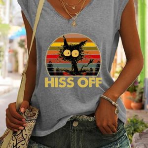 Hiss Off Funny Cat Print V-Neck Tank Top, Tank Tops, Lilicloth.com