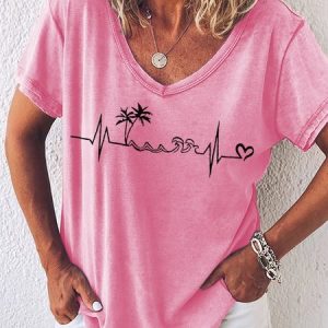 Womens Beach Heartbeat Summer Sleeveless Vacation Holiday V Neck Casual T-Shirt, T-shirts, Lilicloth.com