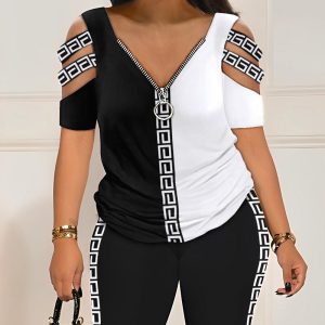 Geometric Print Colorblock Top & High Waist Shorts Set, Two-piece Sets, ChicMe catalog