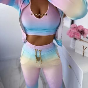 3PCS/Set Geometric Pattern Ombre Chain Decor Crop Top & Pocket Design Pants Set With Zipper Design Coat, Two-piece Sets, ChicMe catalog