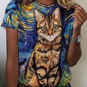 Women Cat Star Night Pattern Casual Loose T-Shirt, T-shirts, Lilicloth.com