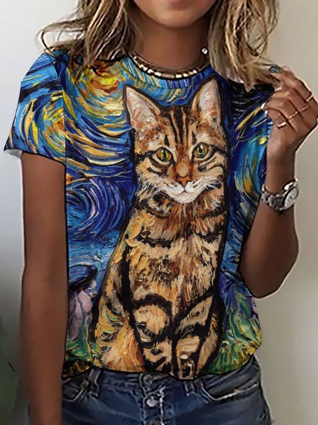 Women Cat Star Night Pattern Casual Loose T-Shirt, T-shirts, Lilicloth.com