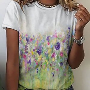 Casual Simple Floral Print Crew Neck T-Shirt, T-shirts, Lilicloth.com