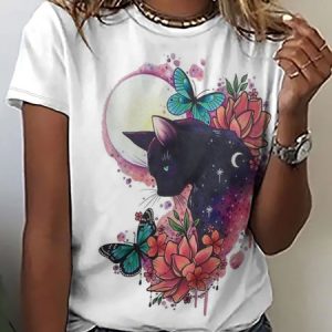 Women Funny Black cat & the moon Simple Crew Neck T-Shirt, T-shirts, Lilicloth.com