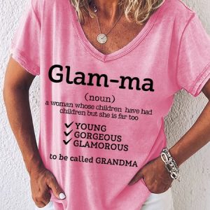 Glamma Grandma Funny Mothers Day Letter V Neck Short Sleeve T-Shirt, T-shirts, Lilicloth.com
