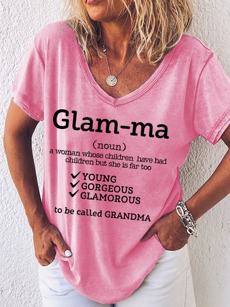 Glamma Grandma Funny Mothers Day Letter V Neck Short Sleeve T-Shirt, T-shirts, Lilicloth.com