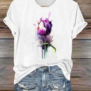 Purple flower Alzheimer's Awareness Loose Crew Neck Simple Text Letters T-Shirt, T-shirts, Lilicloth.com