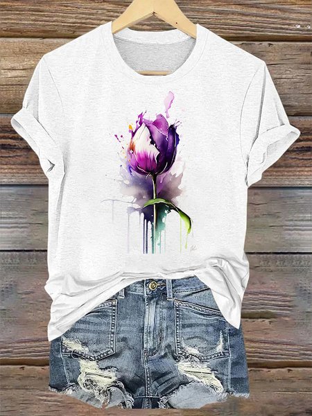 Purple flower Alzheimer's Awareness Loose Crew Neck Simple Text Letters T-Shirt, T-shirts, Lilicloth.com