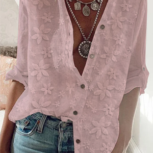JFN Cotton Lace Stitching Long Sleeve Shirt, JustFashionNow Shirts, color:Pink|size:XXL,