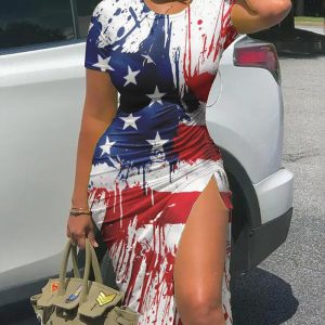 Independence Day Flag Print Drawstring Slit Casual Dress, women Casual Dresses, ChicMe catalog