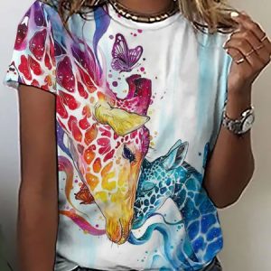 Women Funny Colorful Giraffe Simple Loose Animal T-Shirt, T-shirts, Lilicloth.com