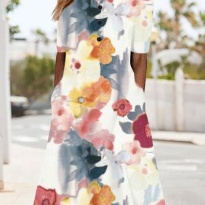 Women's Short Sleeve Summer Floral Buckle Knitted Dress Crew Neck Daily Going Out Casual Midi H-Line, JustFashionNow Dresses, color:Red|size:3XL,
