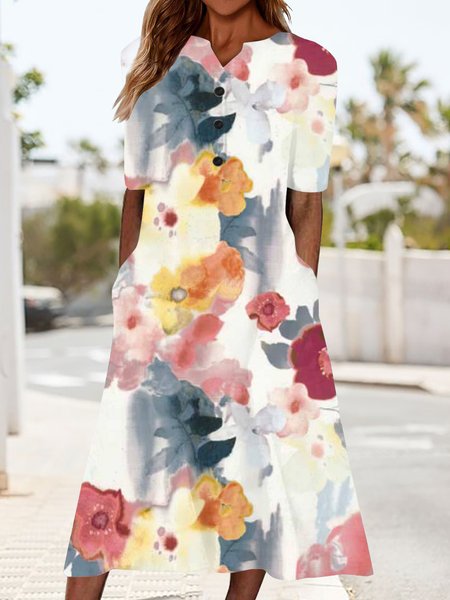 Women's Short Sleeve Summer Floral Buckle Knitted Dress Crew Neck Daily Going Out Casual Midi H-Line, JustFashionNow Dresses, color:Red|size:3XL,