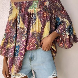 Floral Print Shirred Round Neck Top, Blouses & Shirts, ChicMe catalog