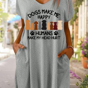 Dogs Make Me Happy Humans Make My Head Hurt Women's V Neck Dress, Dresses, Lilicloth.com