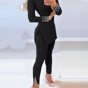 2 Pieces Outfit Mock Neck Long Sleeve Hollow-out Back Side Slit Longline Top and High Waist Slit Hem Pants Set Casual Pearls Decor Slim Fit Knit Lounge Set, women Two-piece Sets, ChicMe catalog