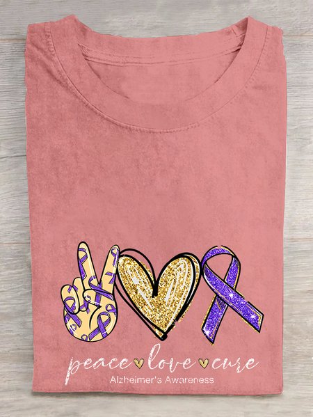 Peace Love Cure, Purple Ribbon Heart, Alzheimer's Awareness Cotton T-shirt, T-shirts, Lilicloth.com