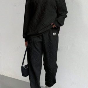 Women's Plain Daily Going Out Two Piece Set Long Sleeve Casual Spring/Fall Top With Pants Matching Set, JustFashionNow Suit Set, color:Black|size:XXL,