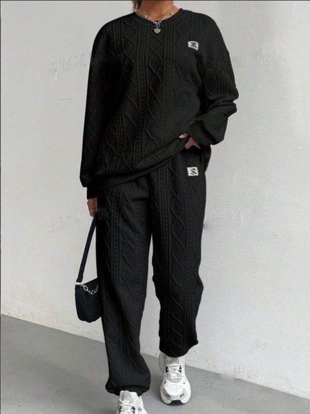 Women's Plain Daily Going Out Two Piece Set Long Sleeve Casual Spring/Fall Top With Pants Matching Set, JustFashionNow Suit Set, color:Black|size:XXL,