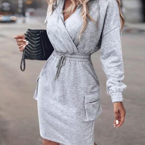 Long Sleeve Sweatshirt Dress Drawstring Waist Hoodie Dress with Flap Pockets Pullover Casual Dress, women Casual Dresses, ChicMe catalog