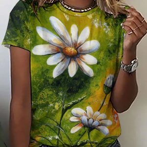 Womens Casual White Daisies Print Crew Neck T-Shirt, T-shirts, Lilicloth.com