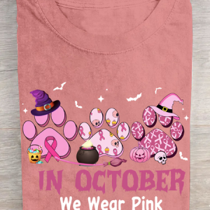 In October We Wear Pink Halloween Fur Dogs Witch Breast Cancer Awareness Cotton T-Shirt, T-shirts, Lilicloth.com