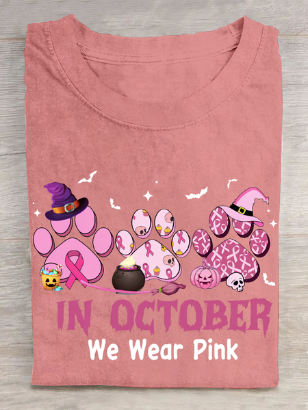 In October We Wear Pink Halloween Fur Dogs Witch Breast Cancer Awareness Cotton T-Shirt, T-shirts, Lilicloth.com