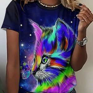 Womens Butterfly Kiss Cat Print Crew Neck T-Shirt, T-shirts, Lilicloth.com