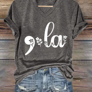 Custom Comma-la Flowers Crew Neck Text Letters Loose Simple T-Shirt, T-shirts, Lilicloth.com