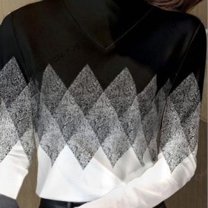 Long Sleeve Geometric Regular Micro-Elasticity Regular Fit Blouse For Women, Blouses, color:Black|size:XXL, catalog Noracora shop