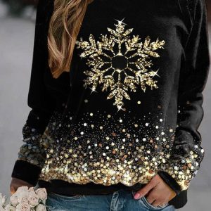 Women's Crew Neck Snowflake Printing Casual Spring/Fall Long Sleeve Sweatshirt, JustFashionNow Sweatshirts & Hoodies, color:Black|size:XXL,