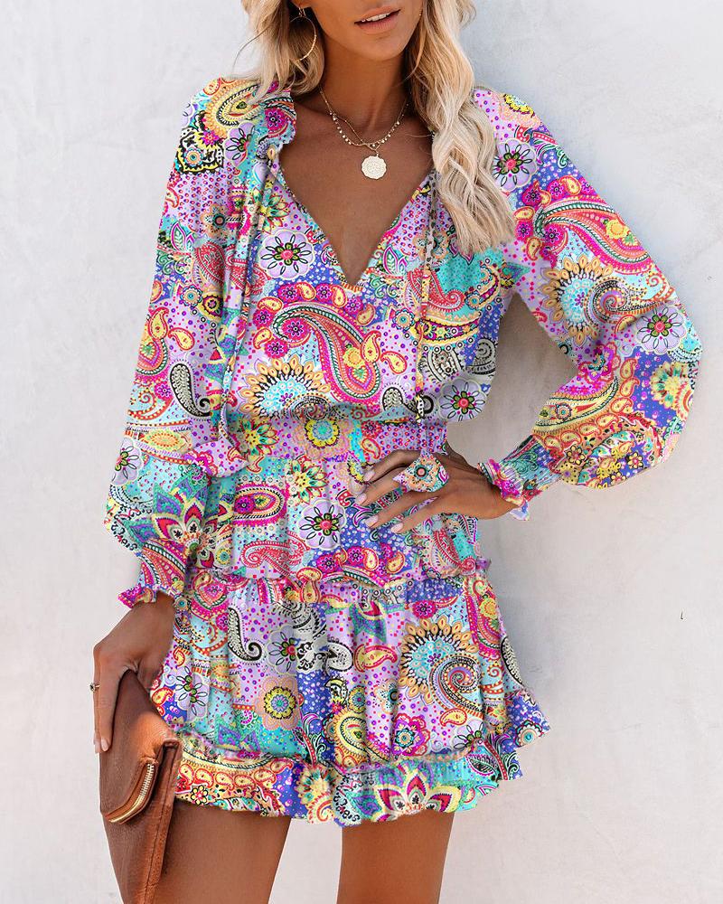 Paisley Print Ruffle Hem Shirred Waist Casual Dress, women Print Dresses, ChicMe catalog