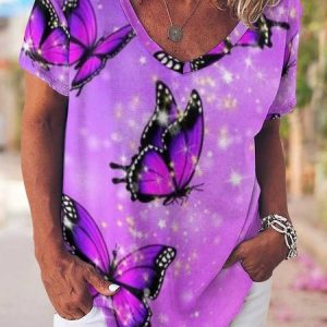 V Neck Loosen Butterfly Short sleeve Top, T-shirts, Lilicloth.com