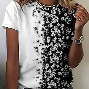 Casual and Simple Contrast Floral Print Crew Neck T-Shirt, T-shirts, Lilicloth.com