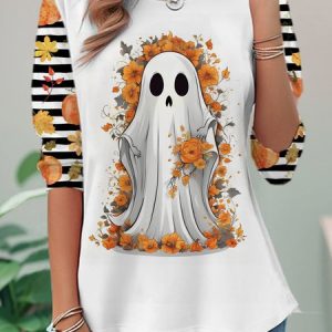 Halloween Cute Ghost Casual Striped Crew Neck Long Sleeve T-shirt, Blouses, color:Orange Red|size:XXL, catalog Noracora shop